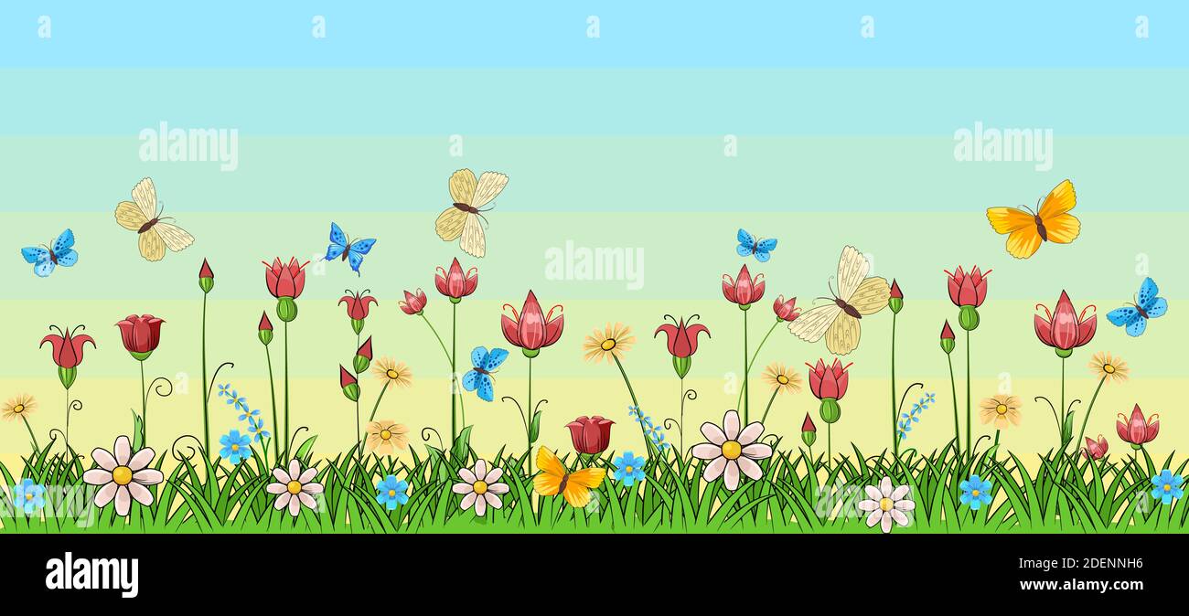 Blooming meadow with grass and flowers. Landscape with the sky. Cartoon style. Fabulous illustration. Background picture. Beautiful natural view. Wild Stock Vector