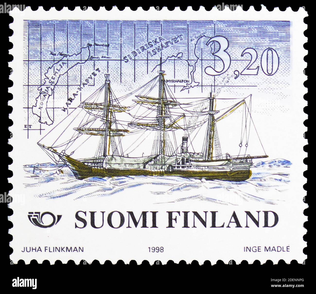 MOSCOW, RUSSIA - JUNE 28, 2020: Postage stamp printed in Finland shows Expedition ship "Vega" (1878) for Polar exploration, Norden 1998 - Shipping ser Stock Photo