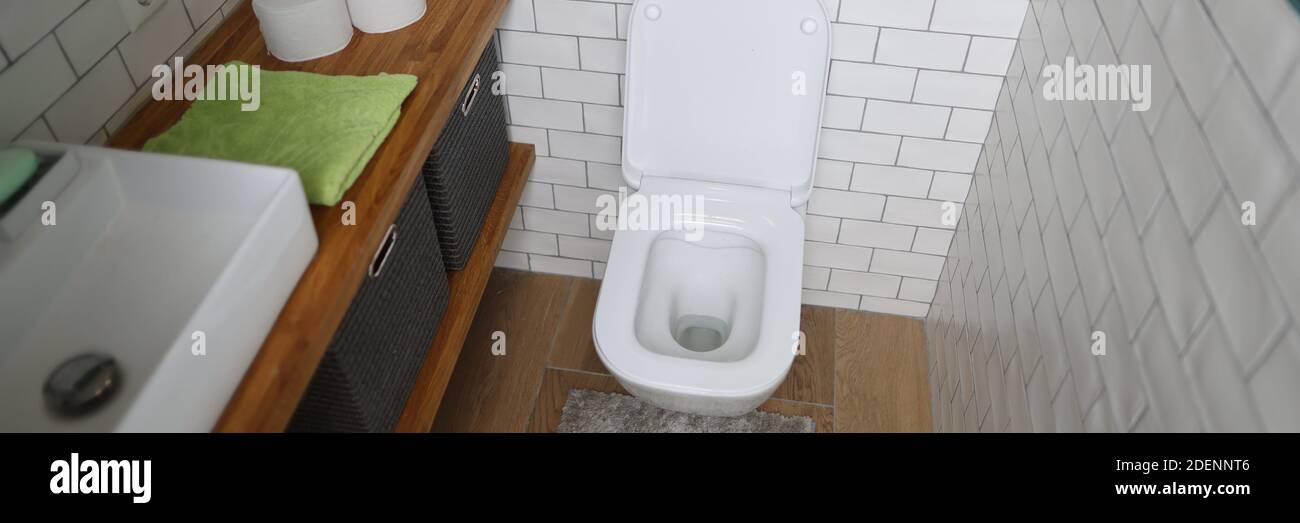Bathroom with toilet bowl washbasin towel and toilet paper Stock Photo