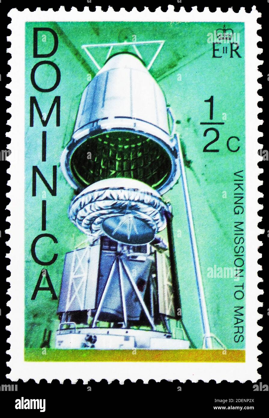MOSCOW, RUSSIA - JUNE 28, 2020: Postage stamp printed in Dominica shows Viking Spacecraft, Viking Mission to Mars serie, circa 1976 Stock Photo