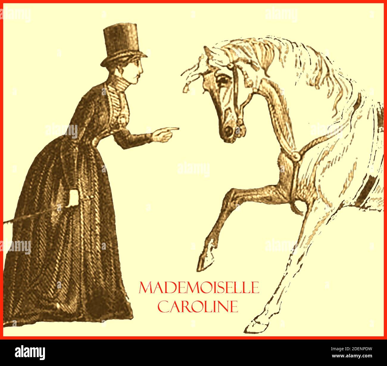 MADEMOISELLE CAROLINE  (The Greatest Female Equestrian in Europe') -    On 8 September 1842  the  Vauxhall Gardens, (the London Pleasure Gardens that originally opened in 1661) presented its  'Final Masquerade'. Among the artistes performing was Mademoiselle Caroline, a French performer and equestrienne who specialised in making her horse to dance & obey her every request. Masquerades  were performance where the audience dressed in masks  and fancy dress. Despite the event's name the Gardens did not actually close at that time. Their 'Last Night Forever' performance took place on 25 June 1859. Stock Photo