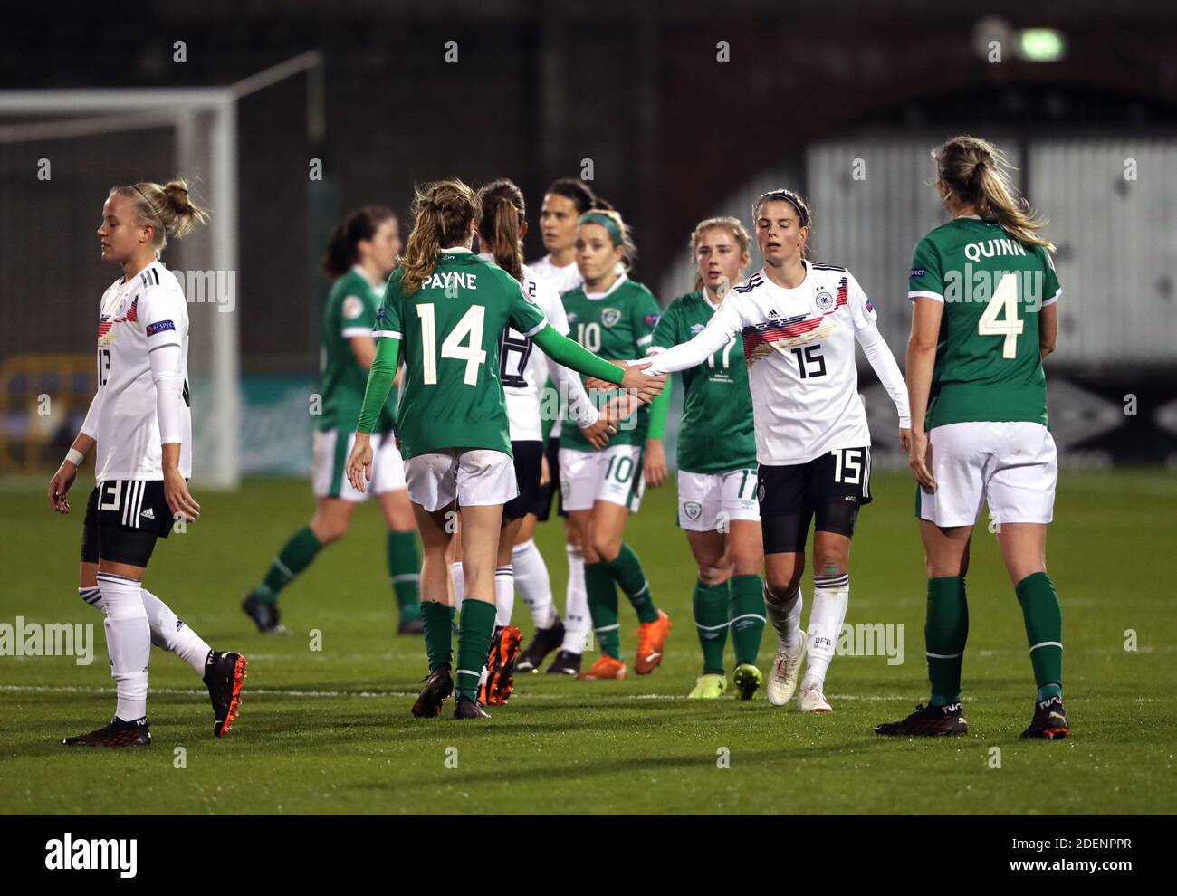Republic Of Ireland S Heather Payne Left Shakes Hands With Germany S Tabea Wassmuth After The Final Whistle During The Uefa Women S Euro 21 Qualifying Group I Match At The Tallaght Stadium Dublin Ireland Republic Of Ireland S Heather Payne Left Shakes Hands With Germany S Tabea Wassmuth After The Final Whistle During The Uefa Women S Euro 21 Qualifying Group I Match At The Tallaght Stadium Dublin Ireland