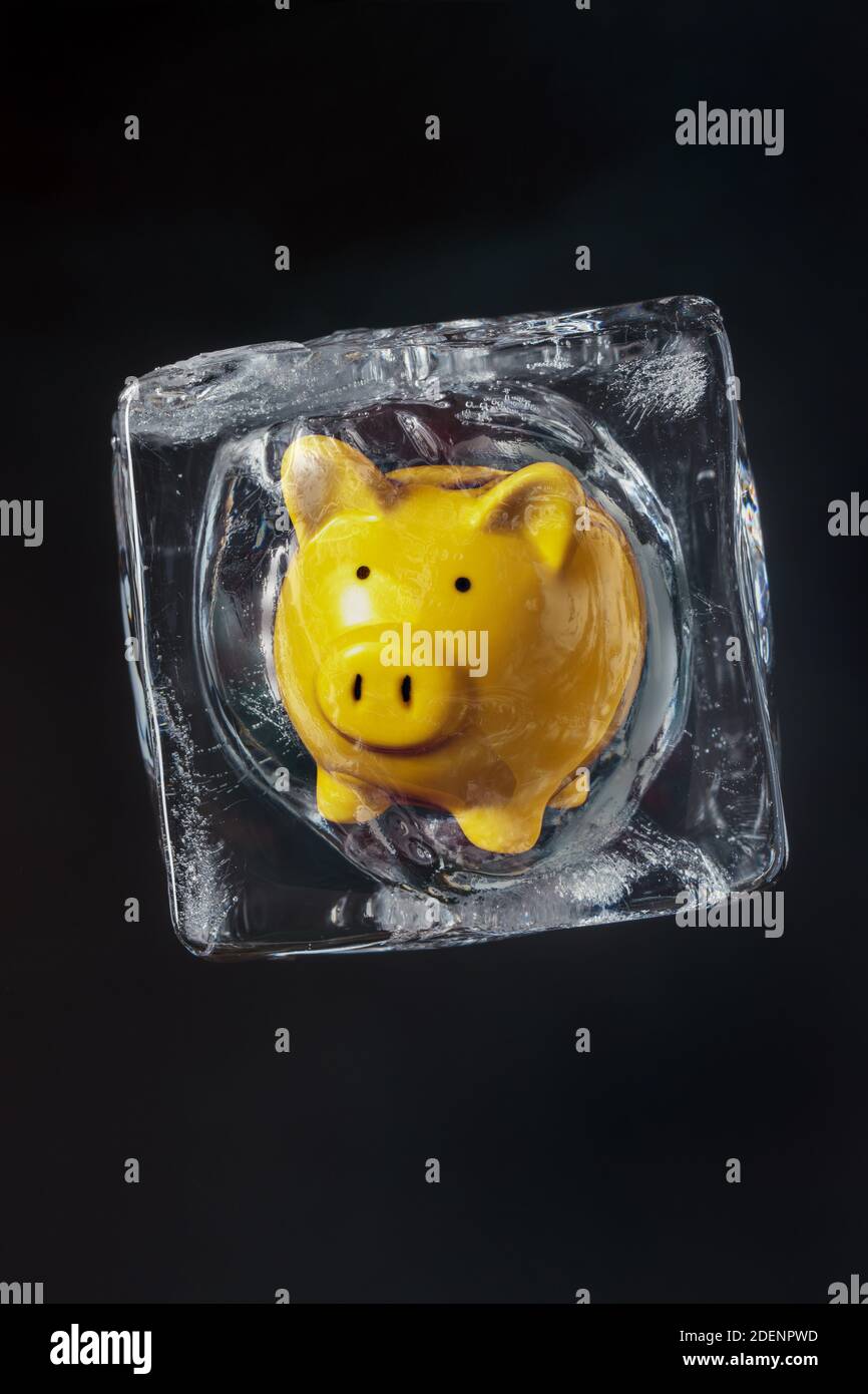 Yellow money piggy bank inside ice block. Frozen account or pension