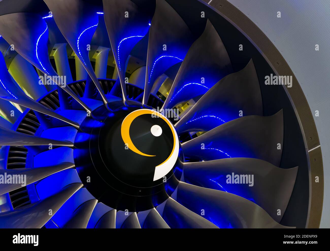 Turbo-jet engine of the plane on close up. Blue light Stock Photo - Alamy