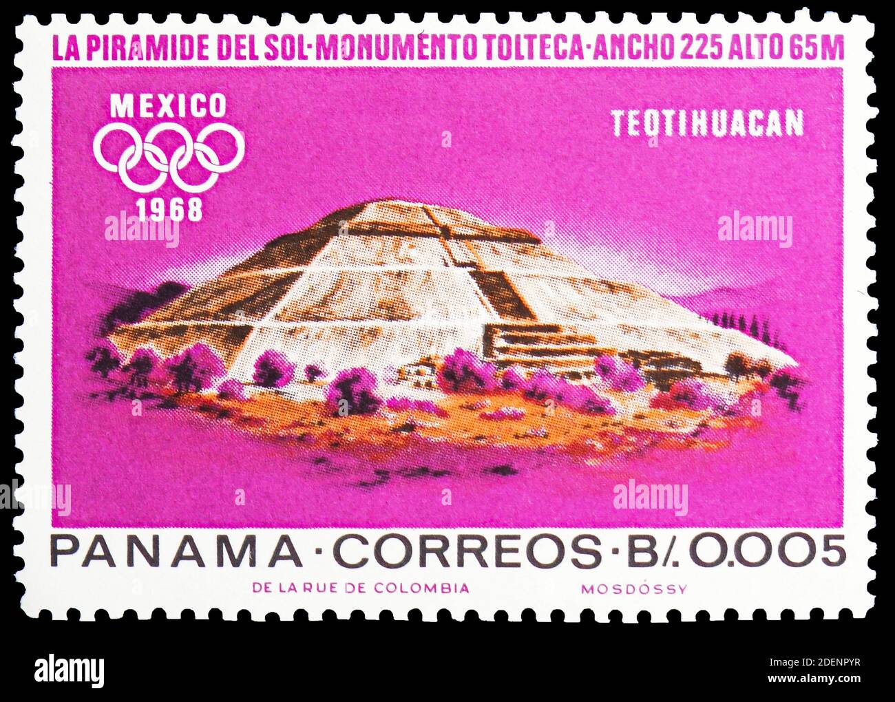 MOSCOW, RUSSIA - JUNE 28, 2020: Postage stamp printed in Panama shows Pyramid of the Sun of Teotihuacan (around 510 AD), Summer Olympics 1968, Mexico Stock Photo