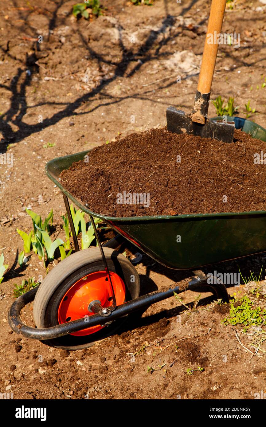 Wheelbarrow full of soil in a garden Stock Photo Alamy