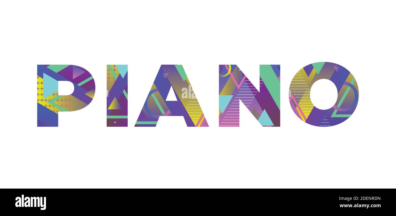 The word PIANO concept written in colorful retro shapes and colors ...