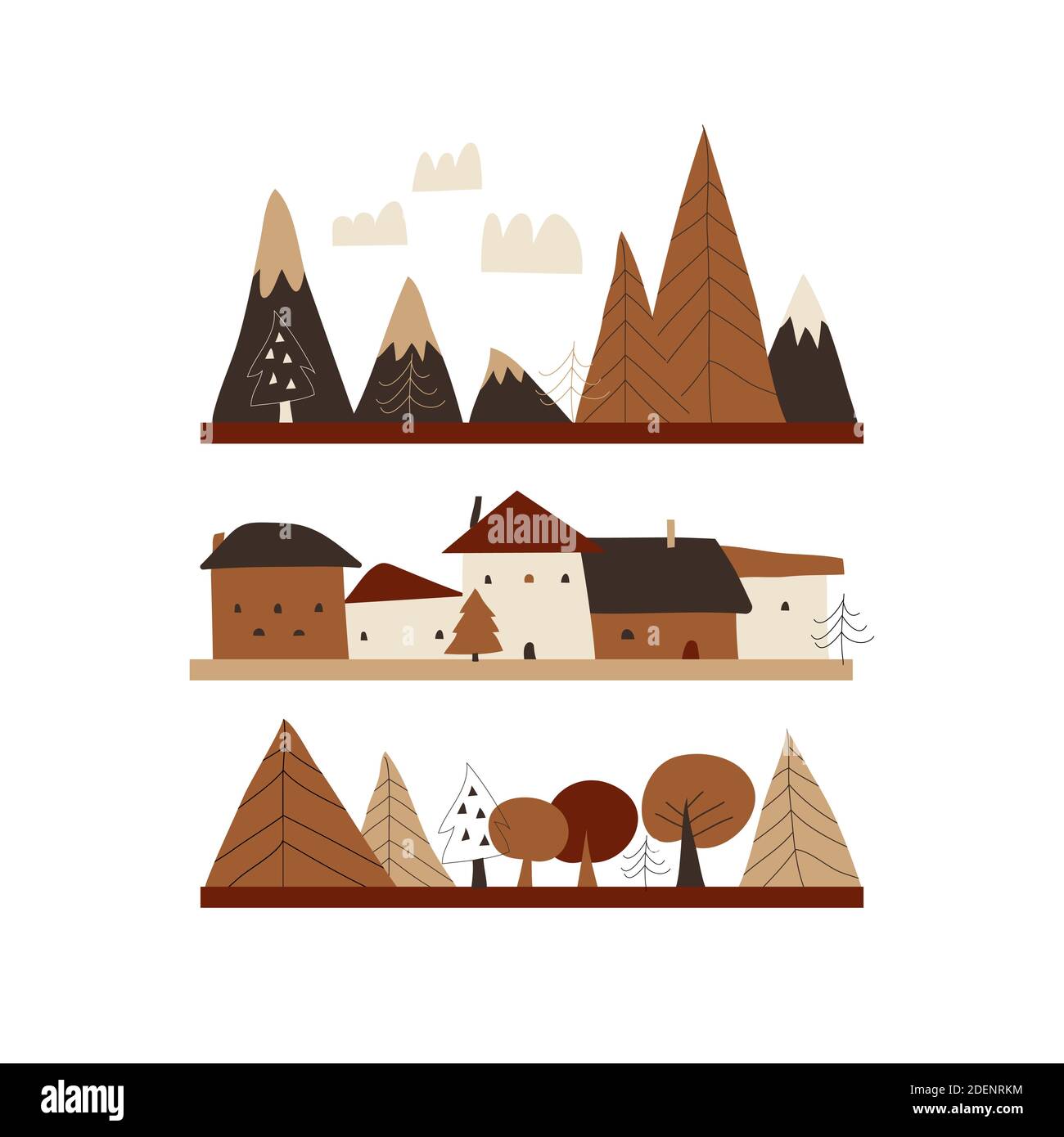 Cartoon autumn landscape with houses,mountains and trees Stock Vector