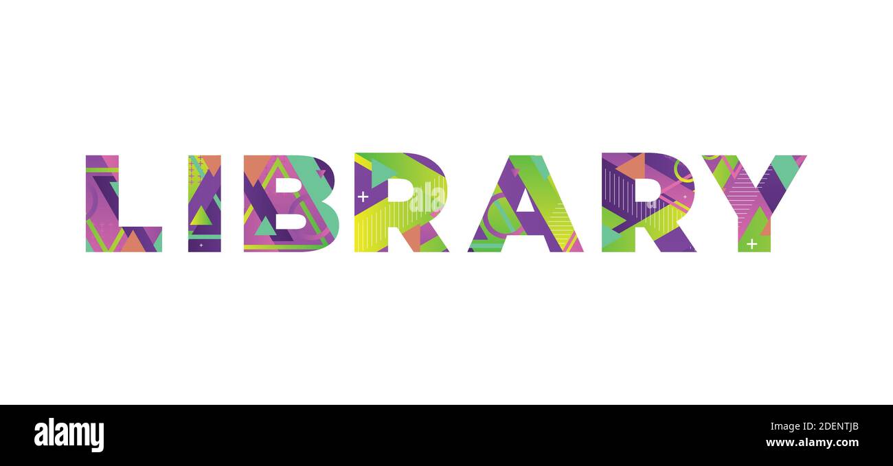 The word LIBRARY concept written in colorful retro shapes and colors