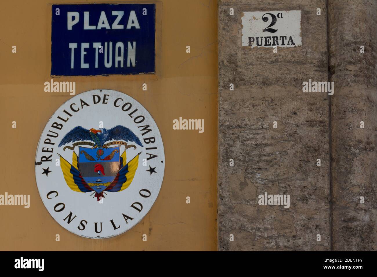 Valencia, Spain. September 27, 2020: Coat of arms of the Republic of Colombia consulate on the facade of a building near the city center. Square of Te Stock Photo