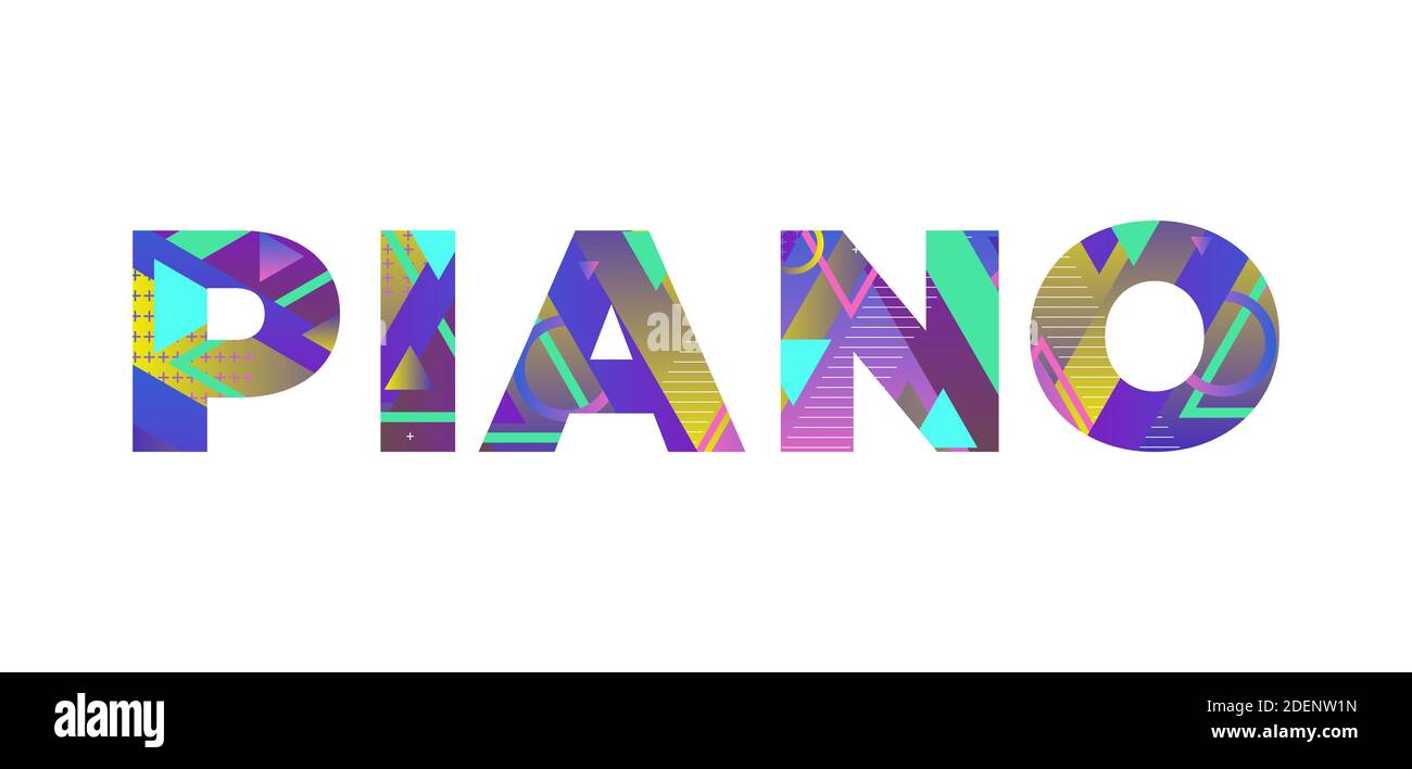 The word PIANO concept written in colorful retro shapes and colors
