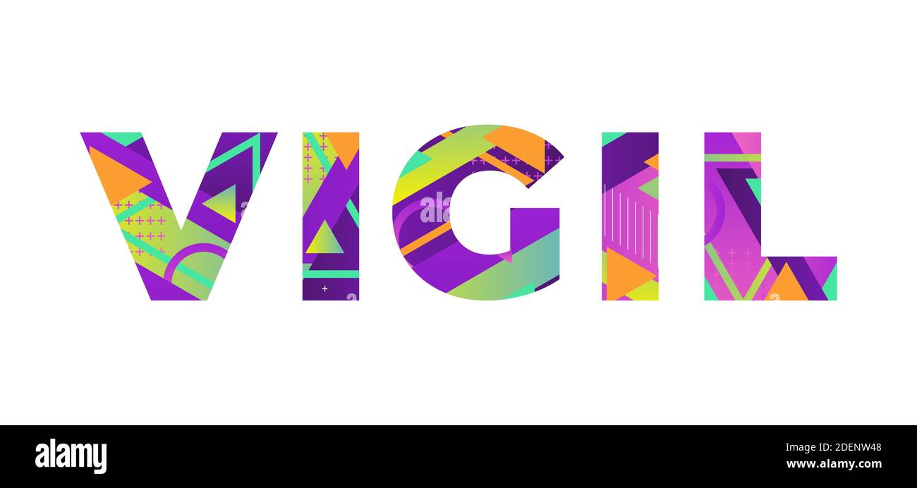 The word VIGIL concept written in colorful retro shapes and colors