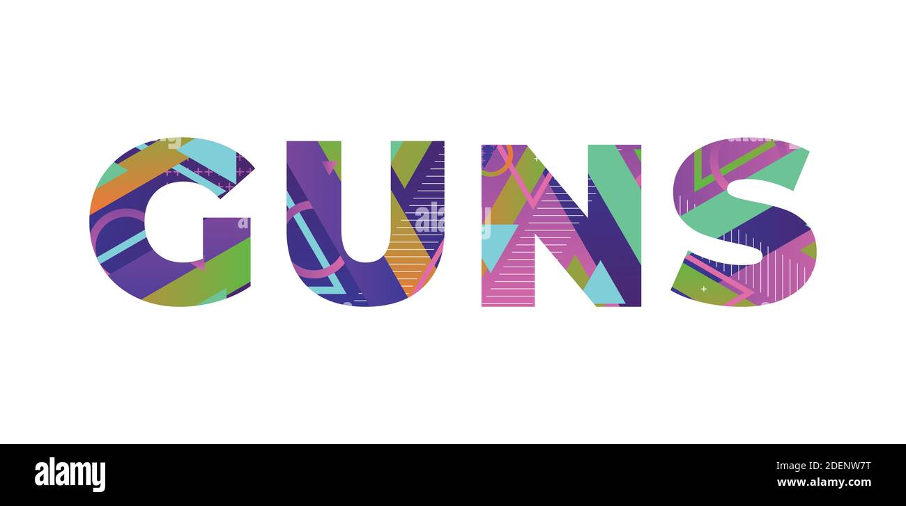 The word GUNS concept written in colorful retro shapes and colors