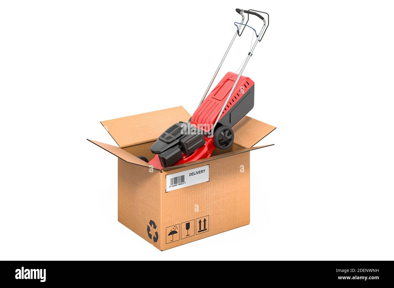 Lawn mower inside cardboard box, delivery concept. 3D rendering