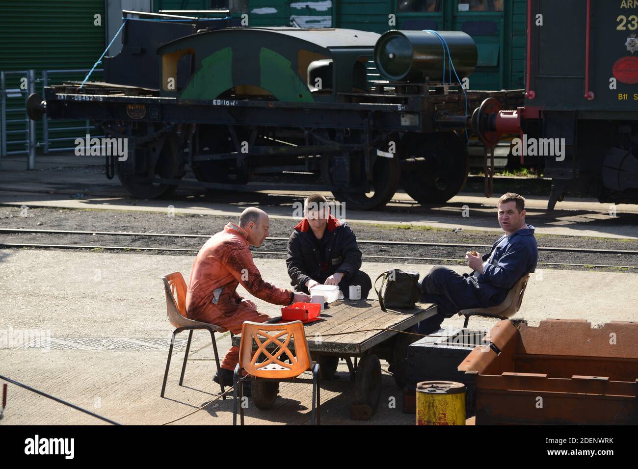 Isle of Wight Steam Railway workers volunteers lunch break Stock Photo