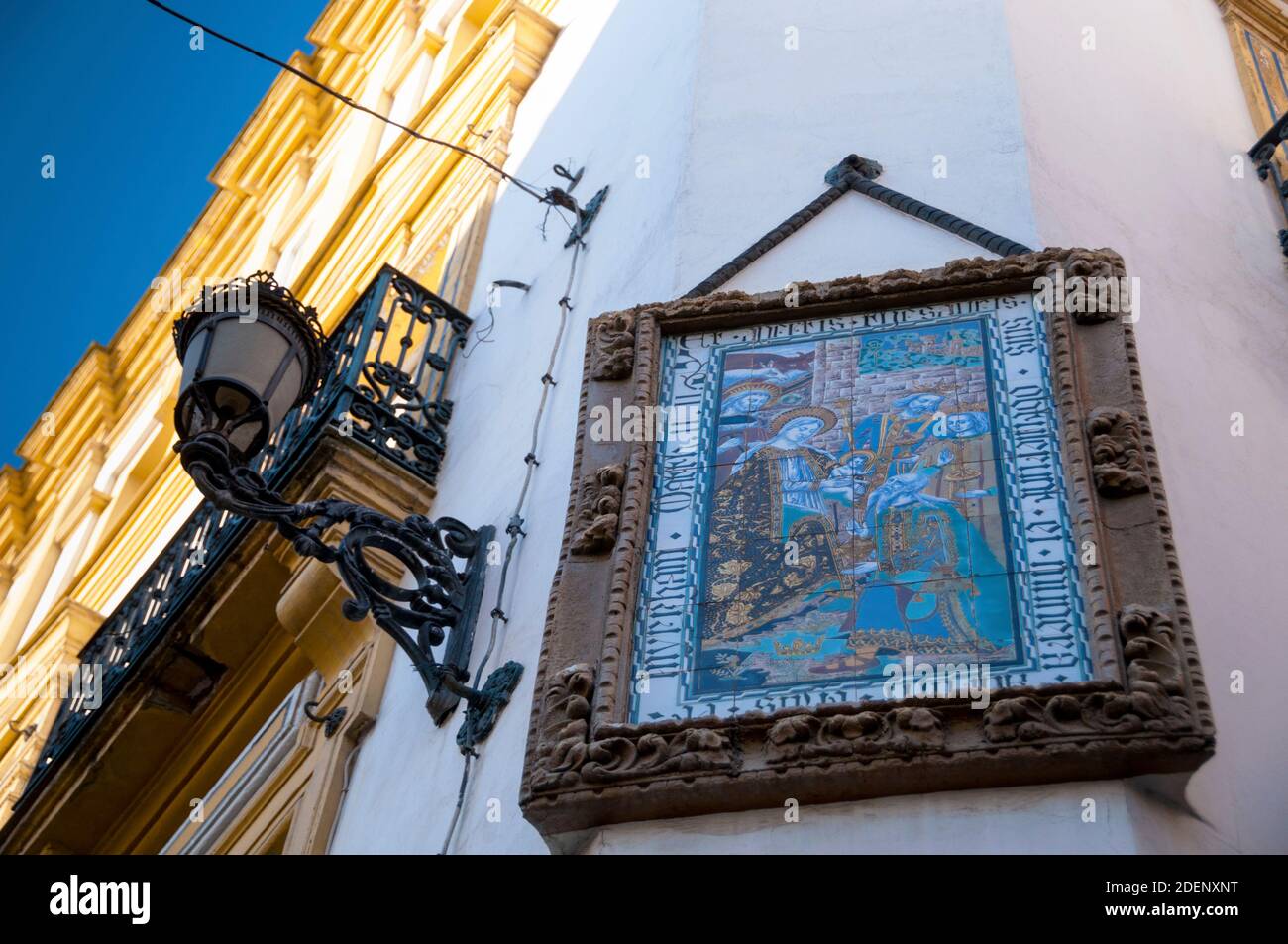Mary and Jesus greeting the wisemen in an azulejo, a Spanish tile art seen throughout Seville, in the heart of Andalusia, Spain. Stock Photo