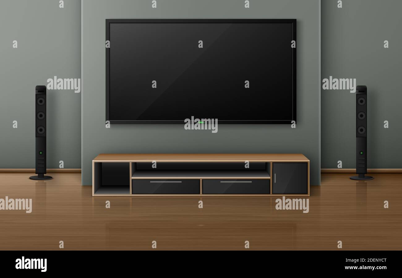 Home theater with tv screen and speakers in modern living room. Vector realistic interior with plasma television hanging on wall, sound stereo system and stand on wooden floor Stock Vector
