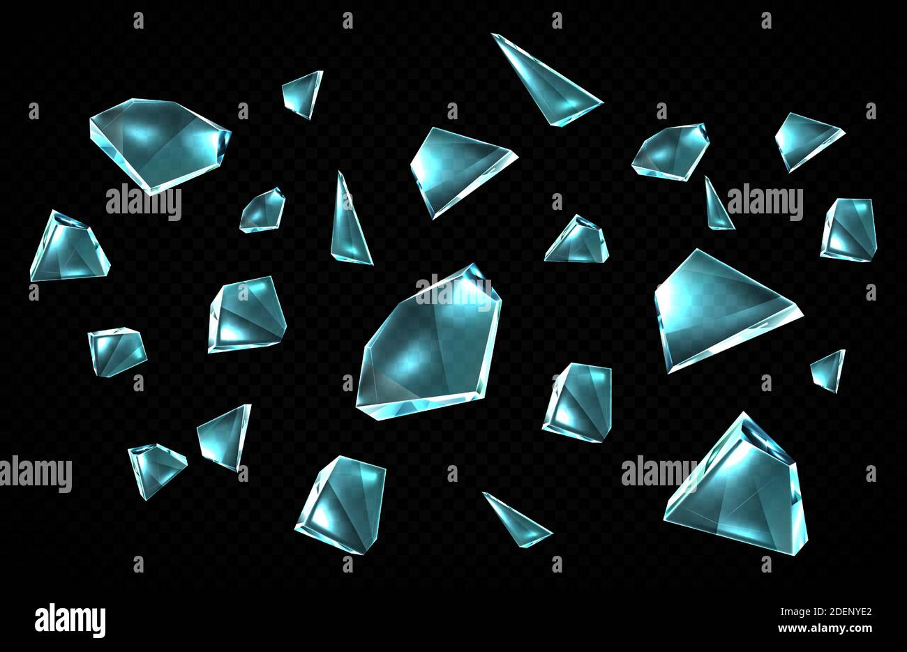 Broken glass shards isolated on black background, randomly scattered shattered pieces of crashed window, transparent ice crystal fragments with sharp edges, design elements, Cartoon vector icons set Stock Vector