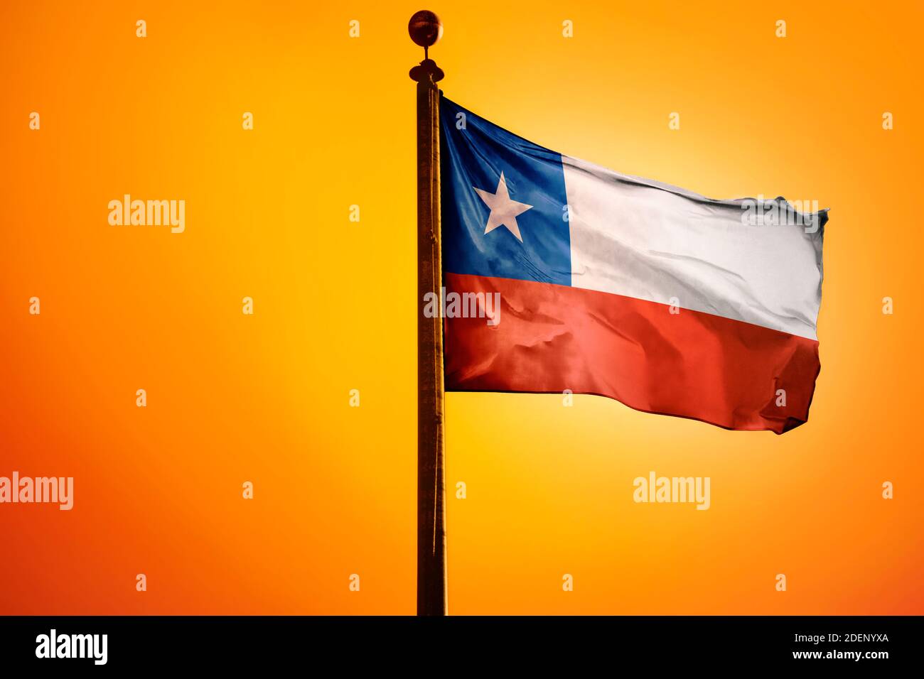 Chile Flag, Flag waving with Sunrise Stock Photo