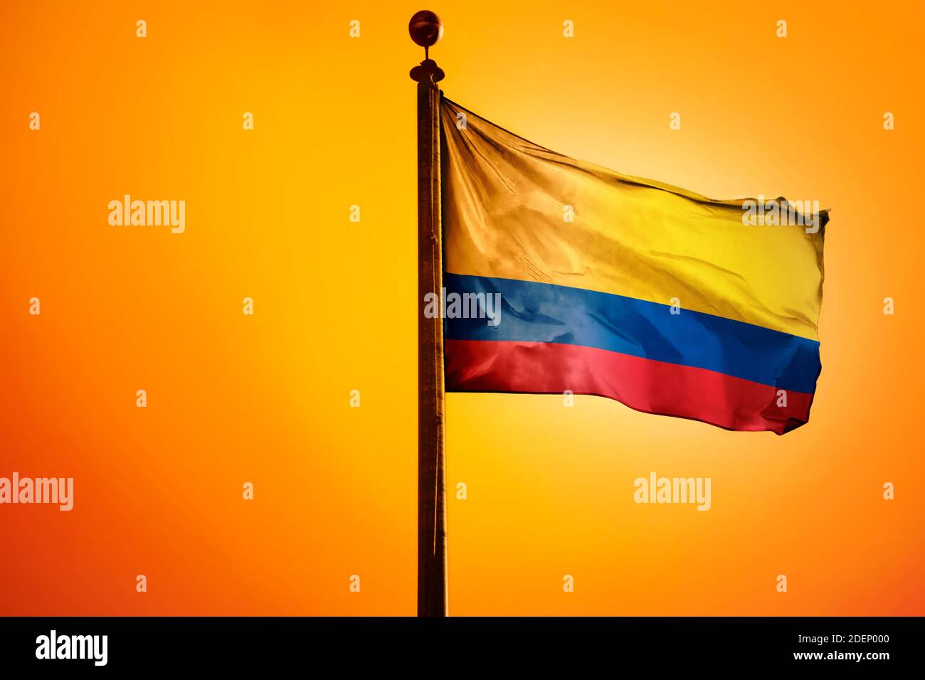 Colombia Flag, Flag waving with Sunrise Stock Photo