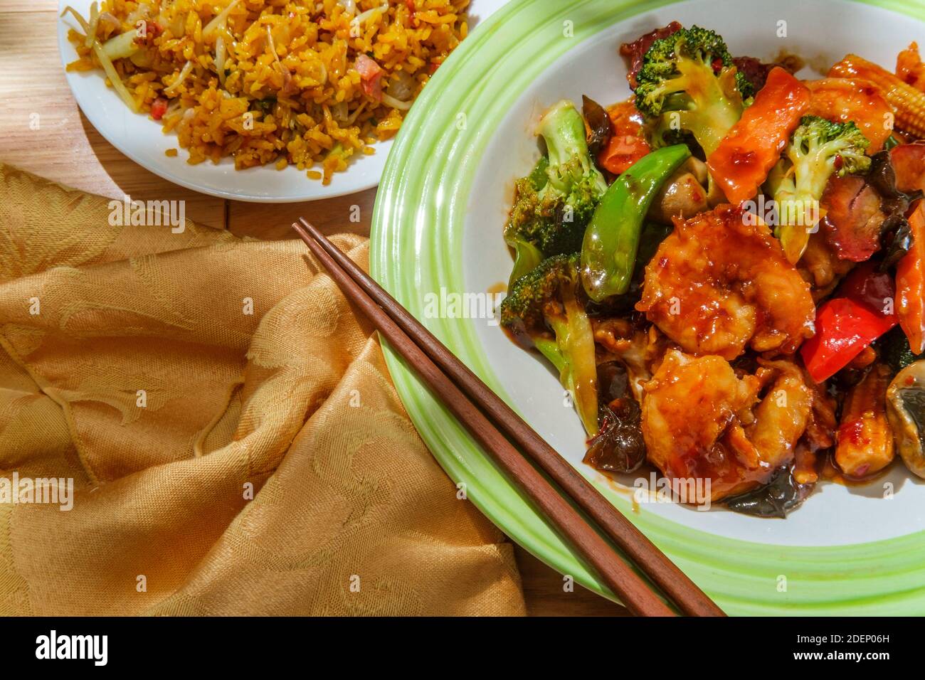 Chinese Triple Delight Shrimp Chicken And Pork With Side Of Fried Rice Stock Photo Alamy