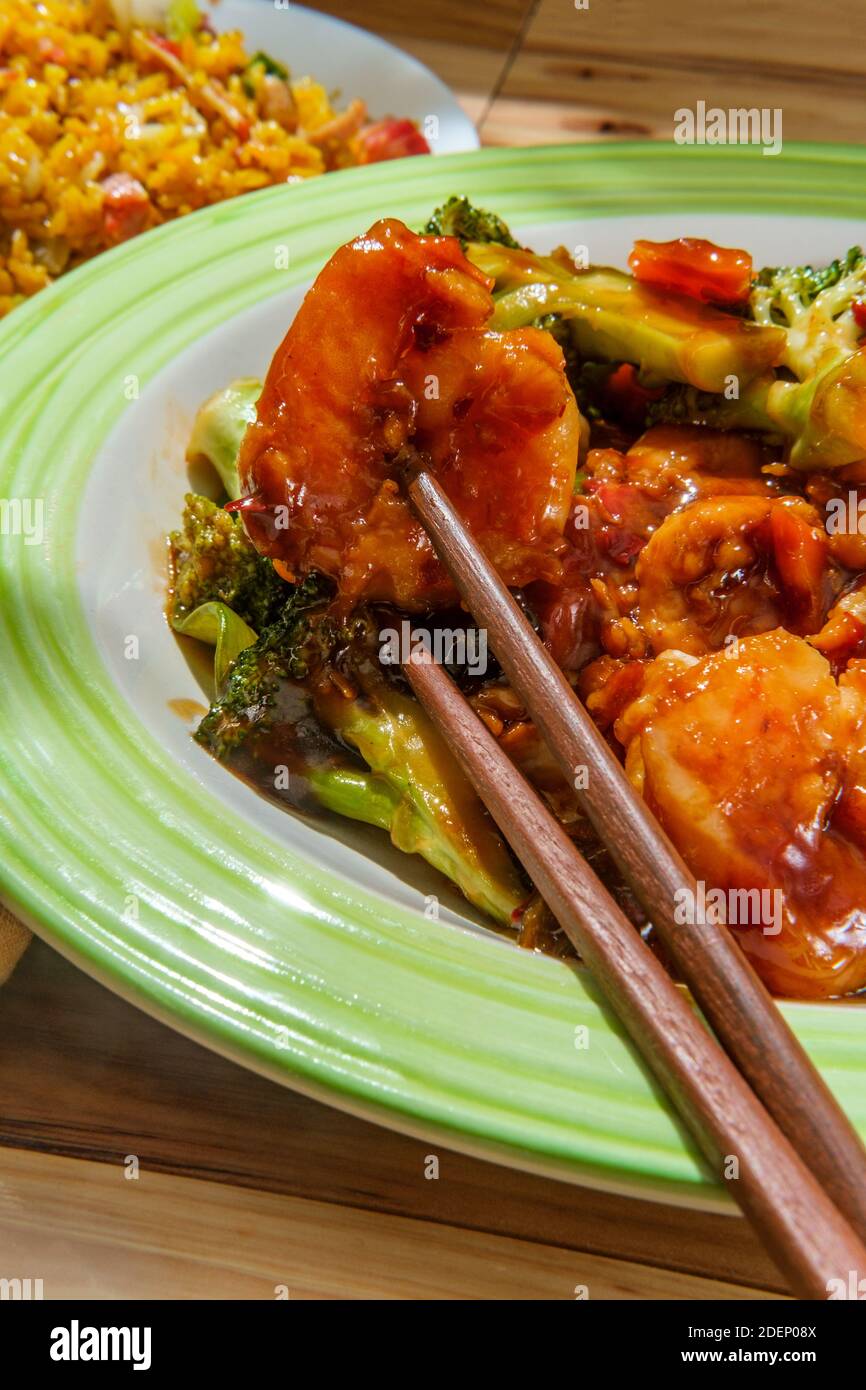 Chinese Triple Delight Shrimp Chicken And Pork With Side Of Fried Rice Stock Photo Alamy