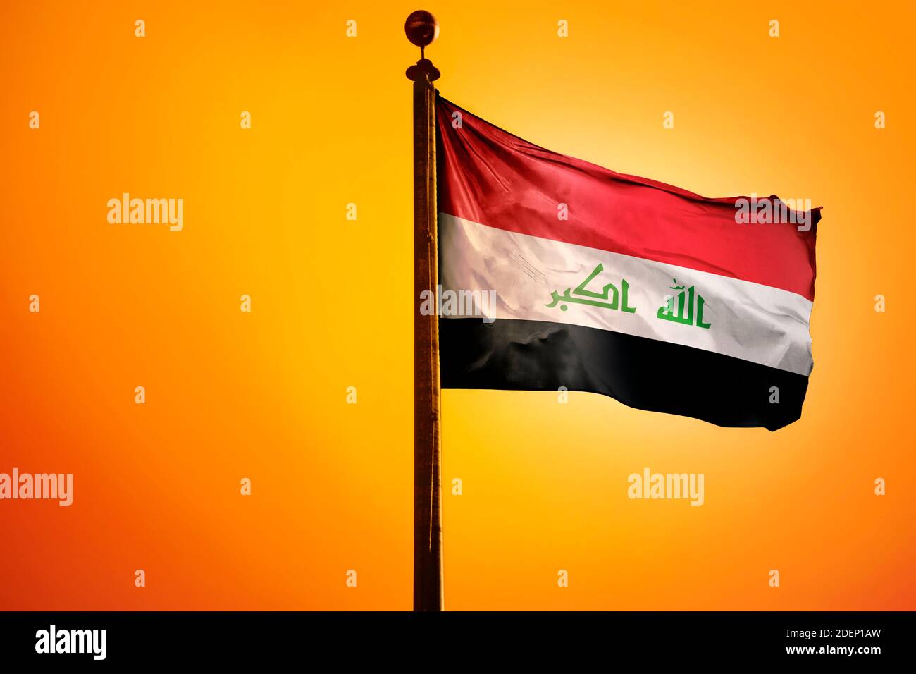Iraq Flag, Flag waving with Sunrise Stock Photo