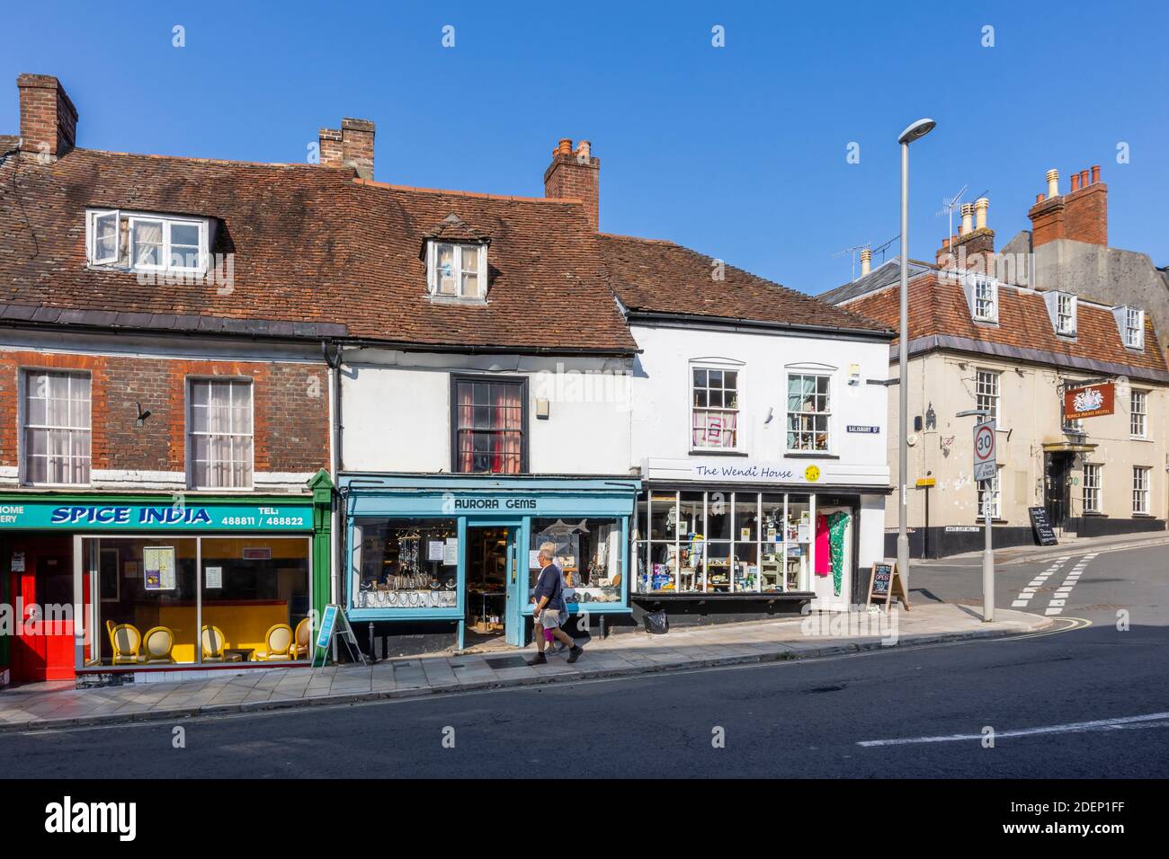 Small shops and restaurant in Salisbury Street, Blandford Forum, a small market town in Dorset, south-west England, with typical Georgian architecture Stock Photo