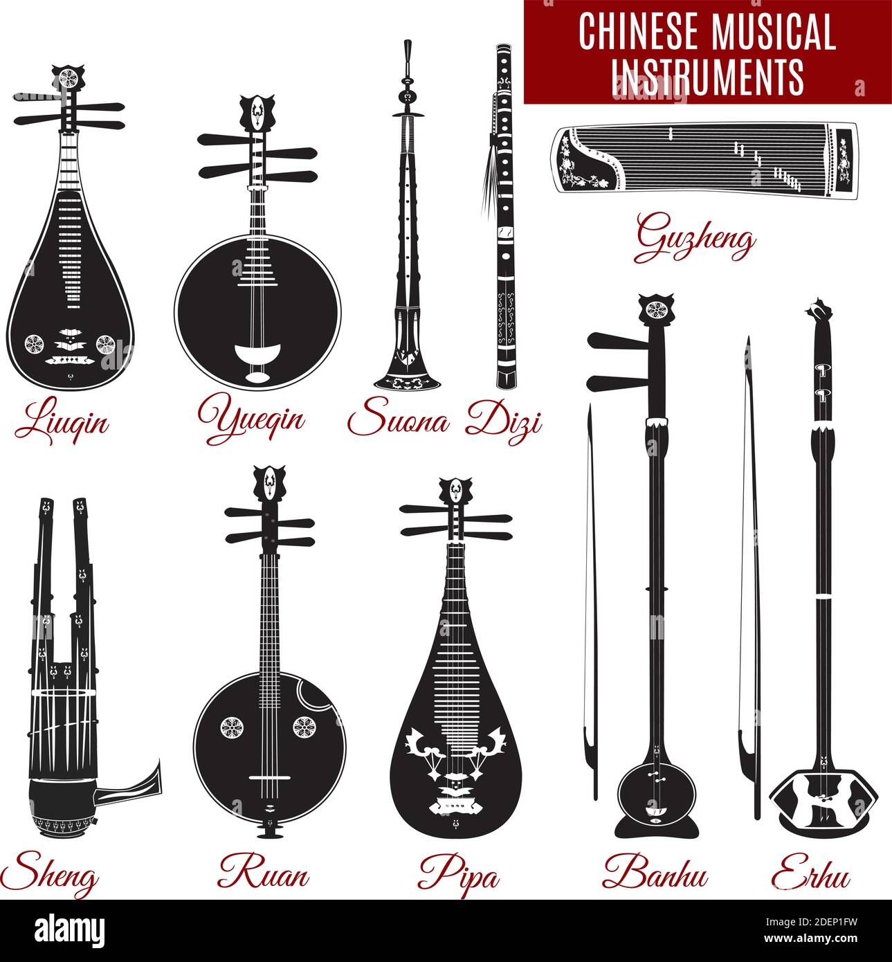 Vector black and white chinese musical instruments Stock Vector