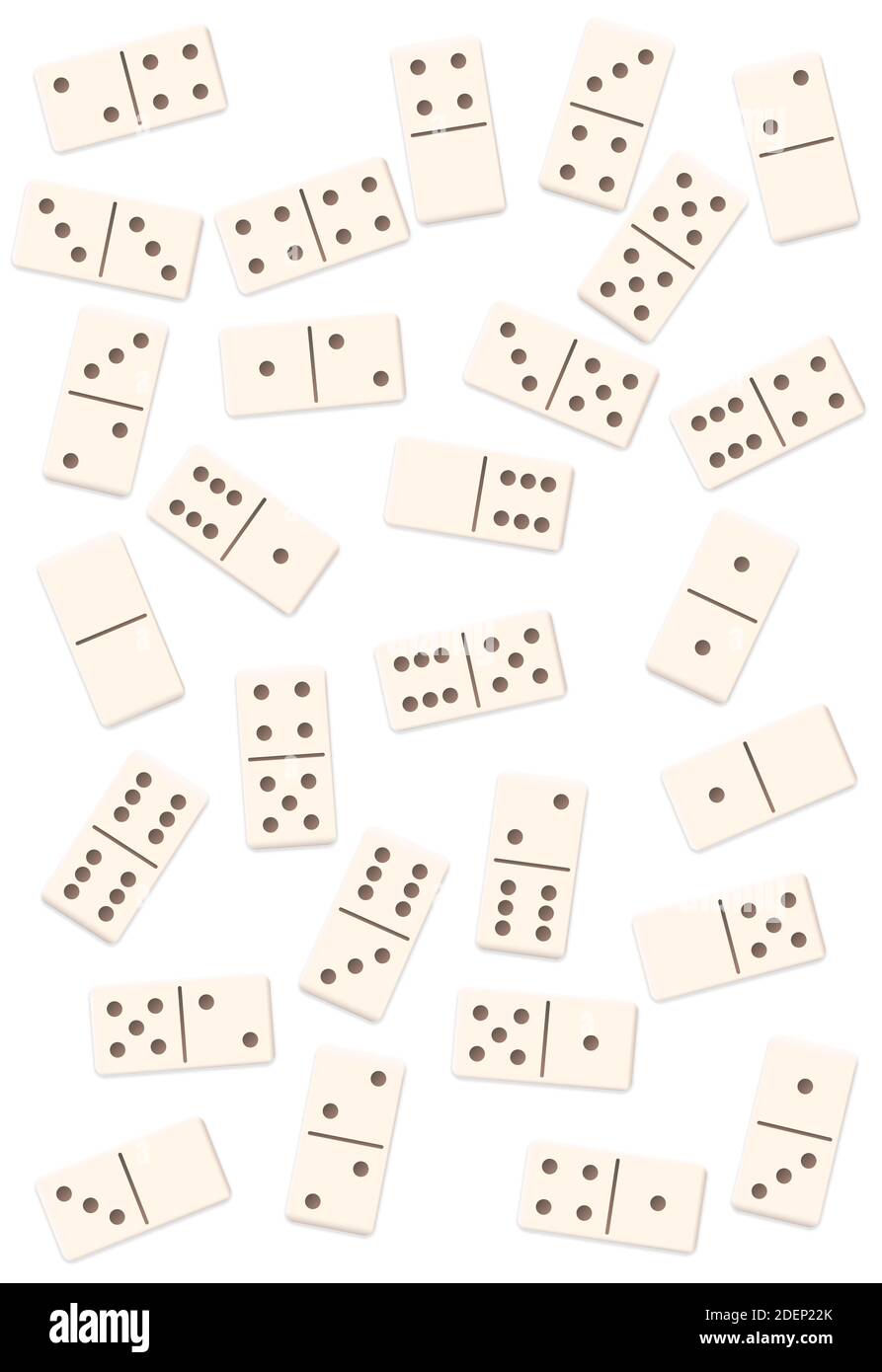 Scattered dominos, shuffled, mixed up, loosely arranged messy set of 28 white tiles - illustration on white background. Stock Photo