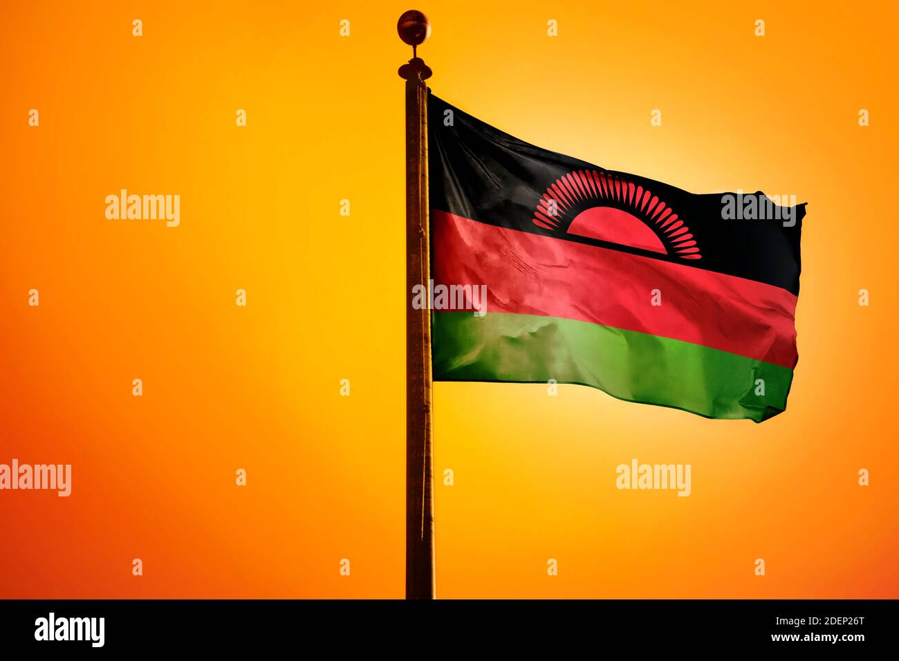 Malawi Flag, Flag waving with Sunrise Stock Photo
