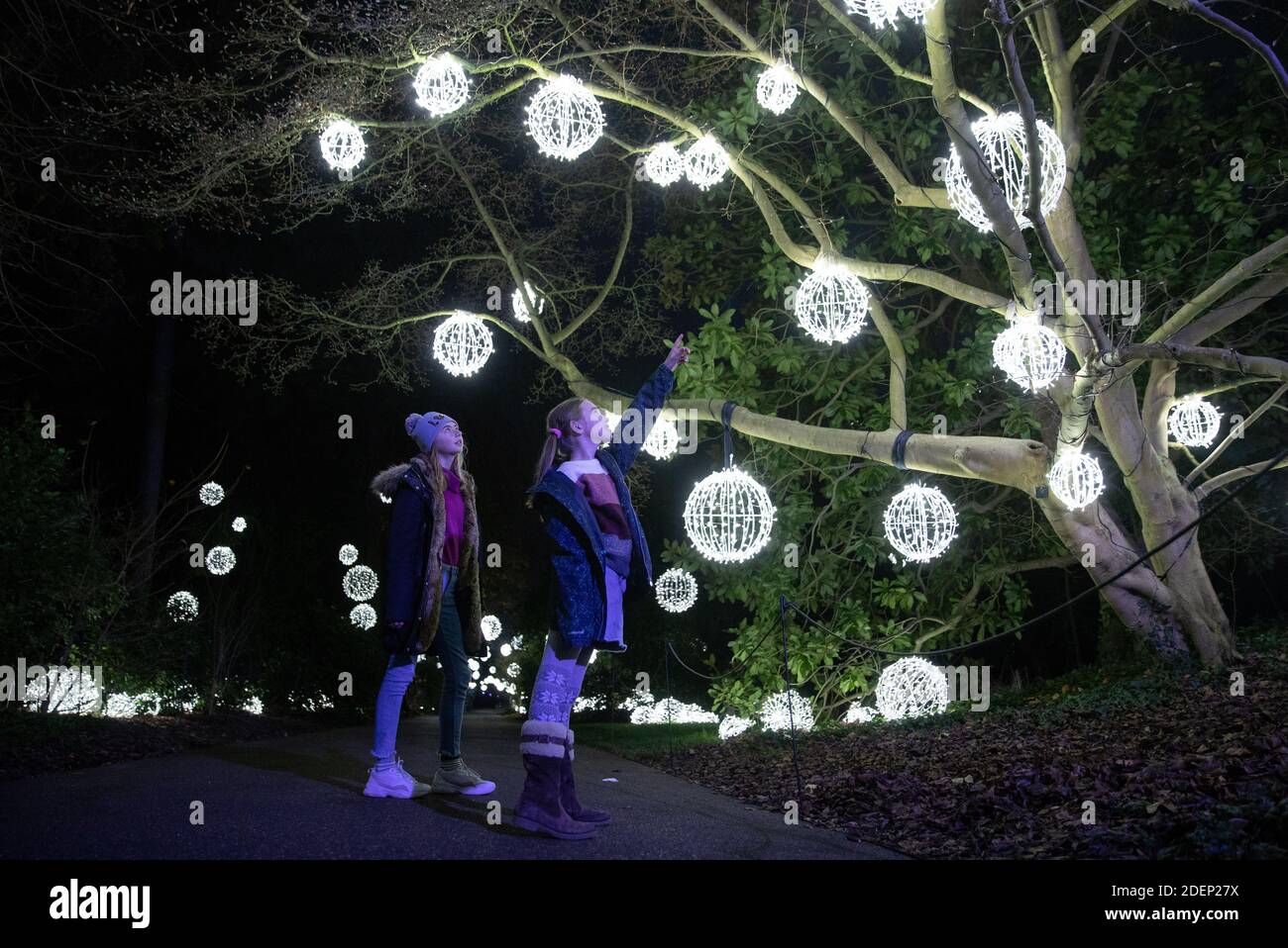 Elena Kingstone, age 11, (left) and Lulu Kingstone, age 9, look up at  lanterns hanging from