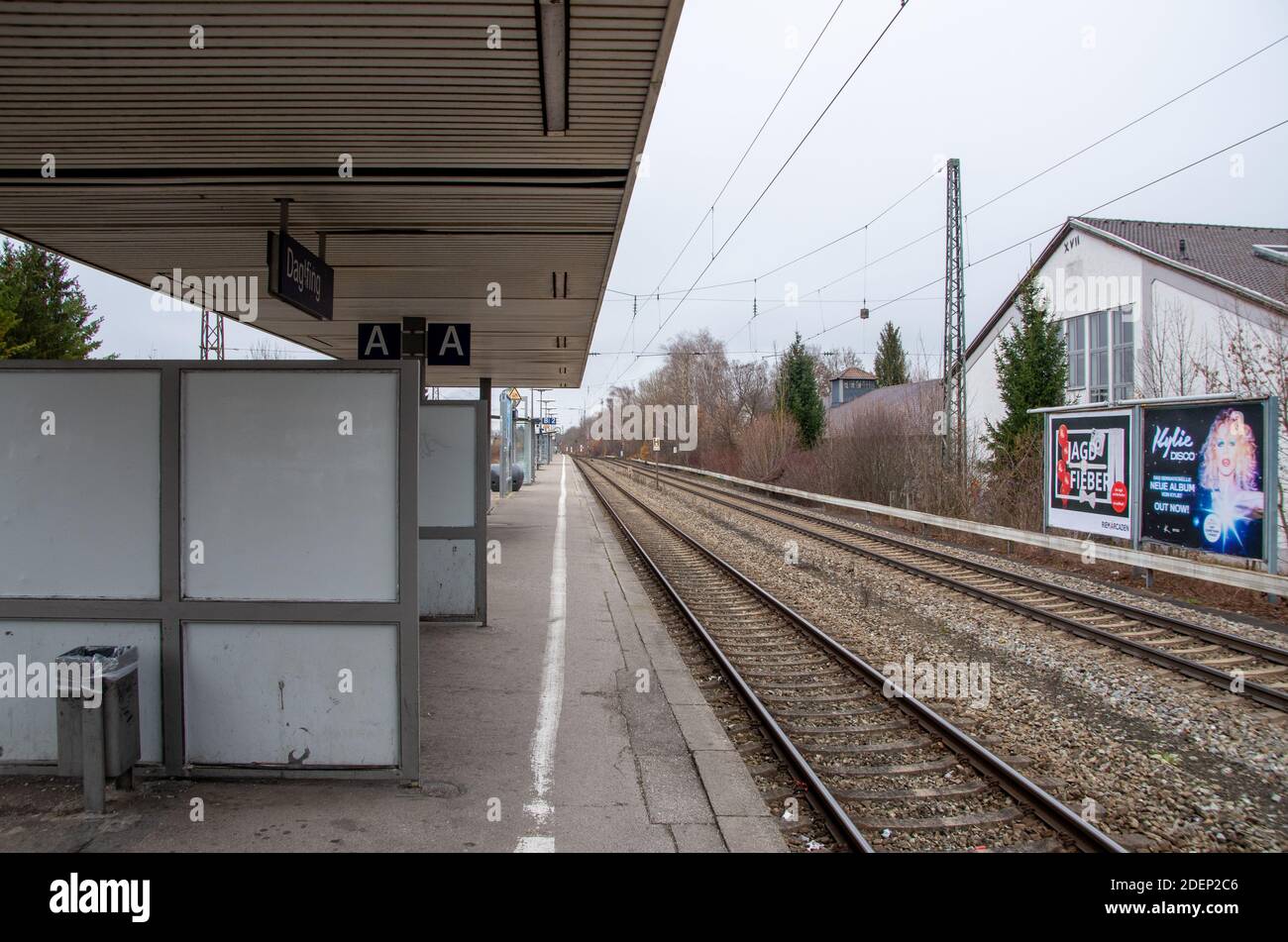 Empty platform Daglfing with tracks on November 23, 2020 Stock Photo