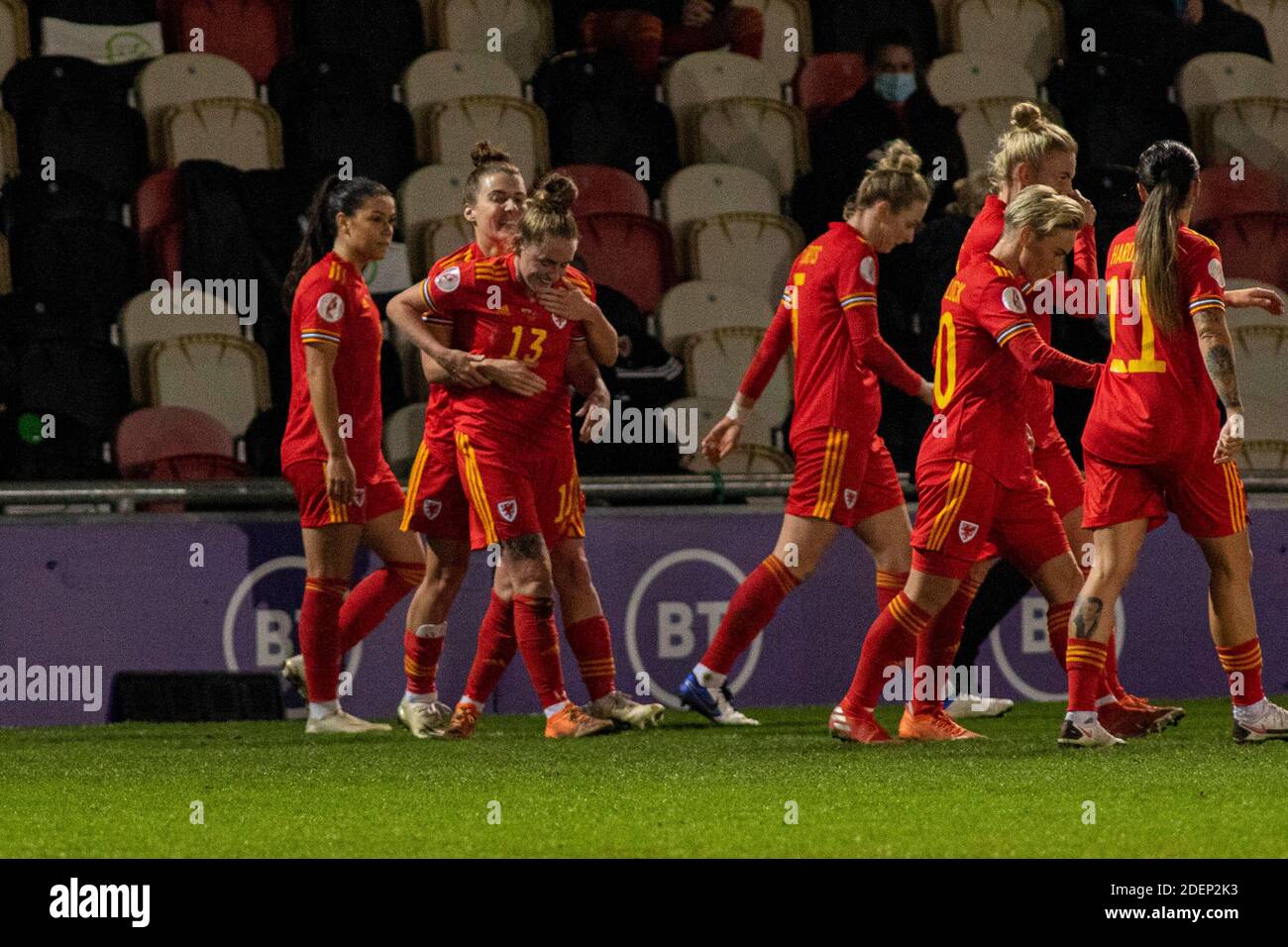 Newport, UK. 01st Dec, 2020. Rachel Rowe of Wales (C) celebrates scoring her sides second goal with her teammates. UEFA Women's Euro 2022 qualifying match, group c, Wales women v Belarus at Rodney Parade in Newport, South Wales on Tuesday 1st December 2020. Pic by Lewis Mitchell/Andrew Orchard sports photography/Alamy Live News Credit: Andrew Orchard sports photography/Alamy Live News Stock Photo