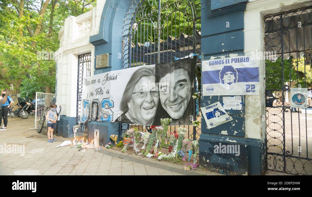 La Plata, Buenos Aires Province, Argentina;11 25 2020: Day of the death of Diego Maradona, 'Gimnasia de La Plata' , Entrance to the soccer club. Stock Photo