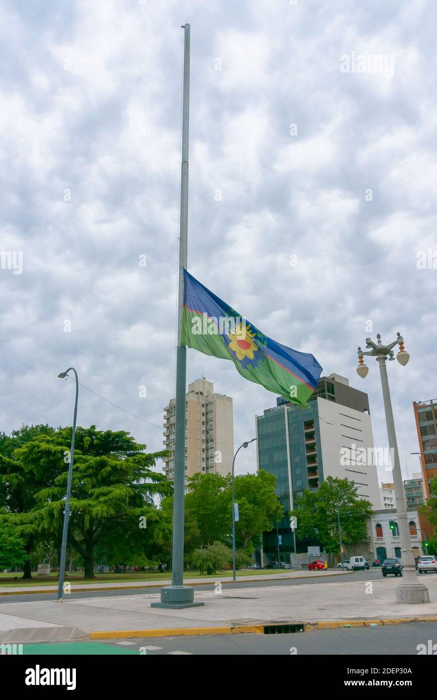 La Plata, Buenos Aires Province, Argentina;11 27 2020: Half-mast Buenos Aires Province flag. Cloudy day. Death of Diego Maradona. Stock Photo