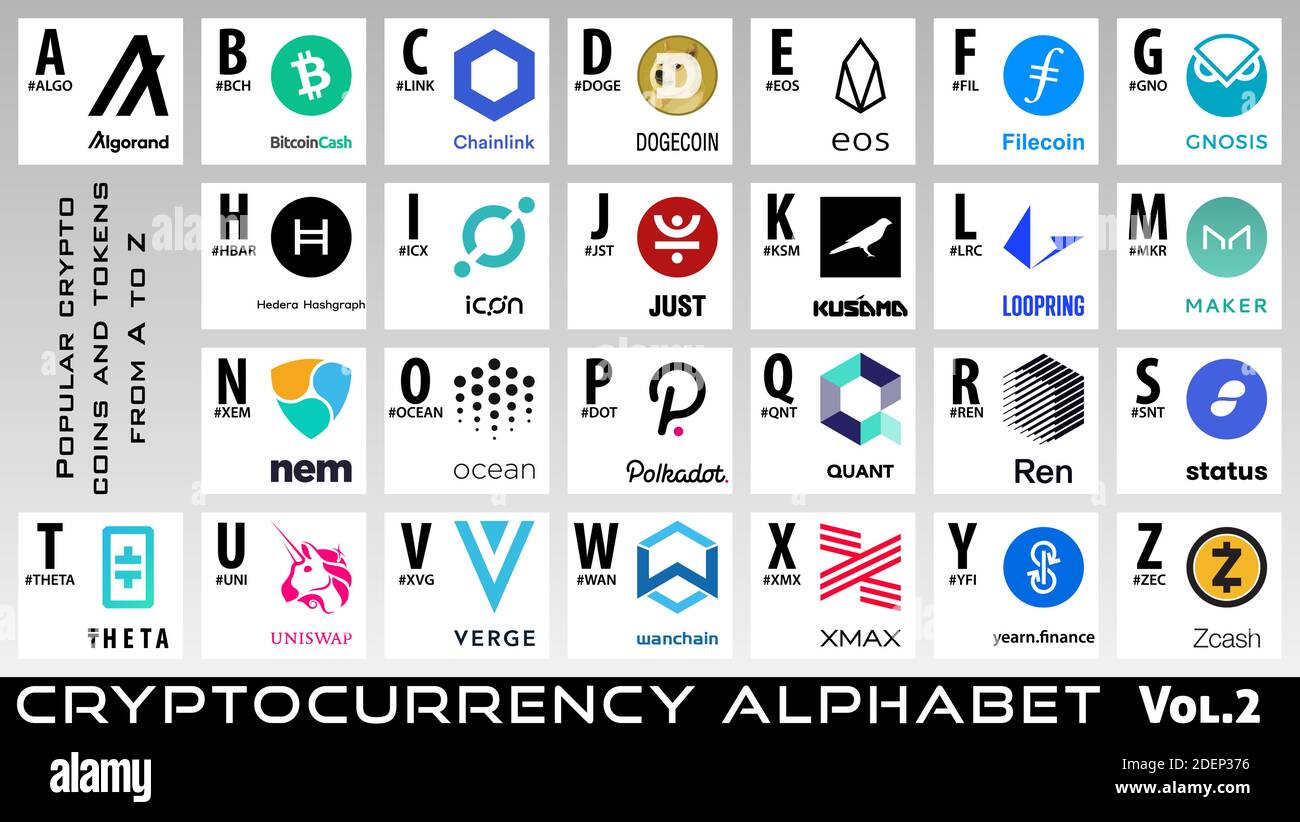 Cryptocurrency alphabet. Vol.2. Set of crypto coins and tokens logos from A to Z. Vector altcoins signs collection Stock Vector