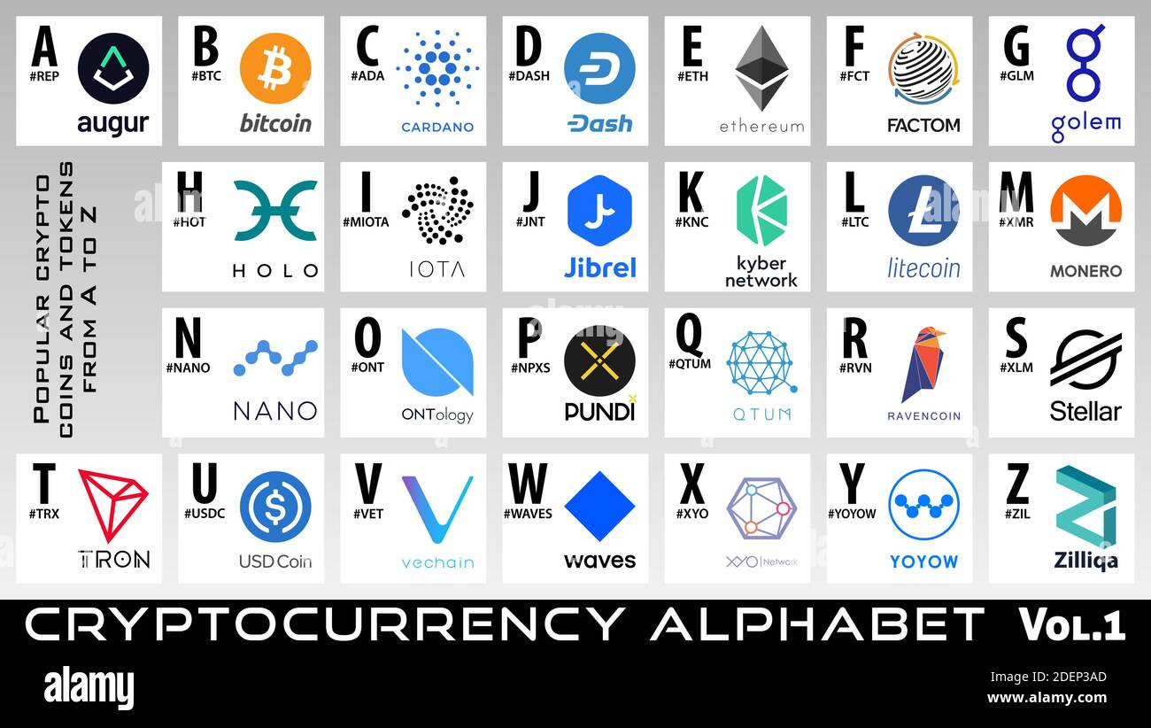 Cryptocurrency alphabet. Vol.1. Set of crypto coins and tokens logos from A to Z. Vector bitcoin and altcoins signs collection Stock Vector