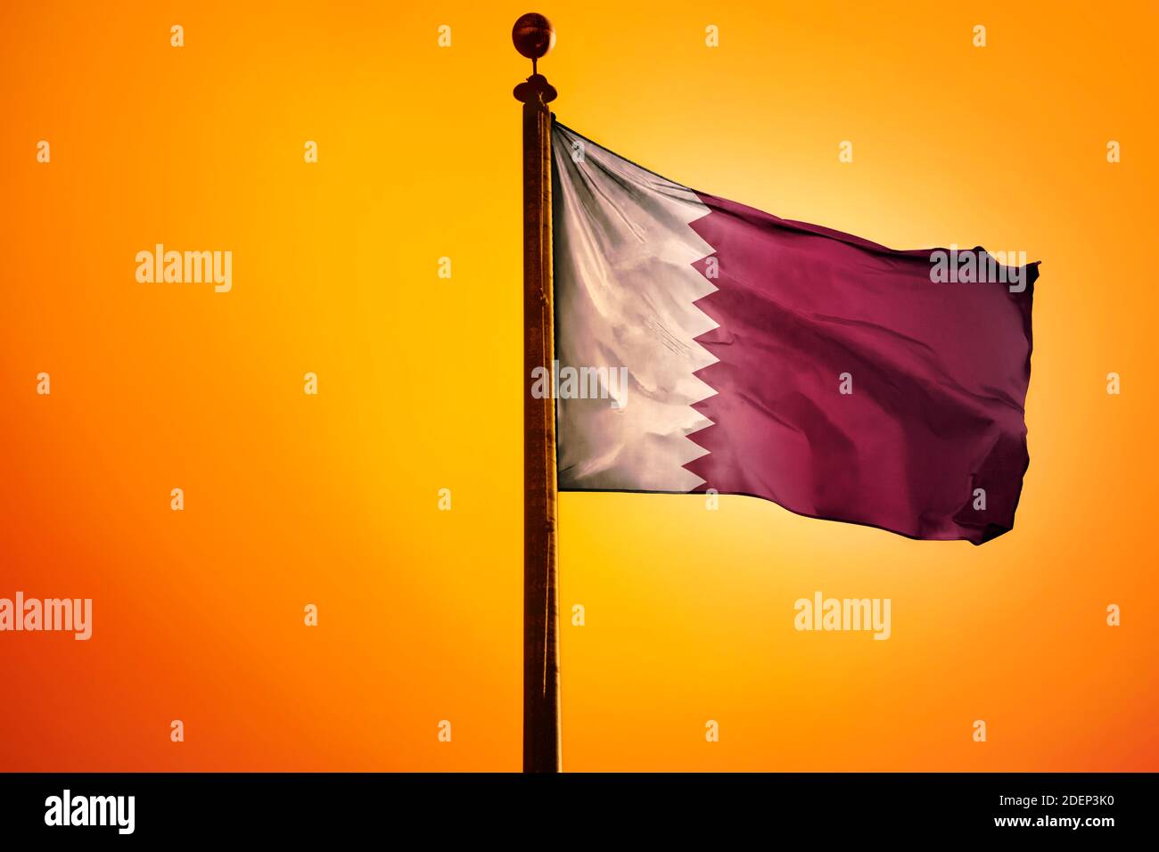 Quatar Flag, Flag waving with Sunrise Stock Photo