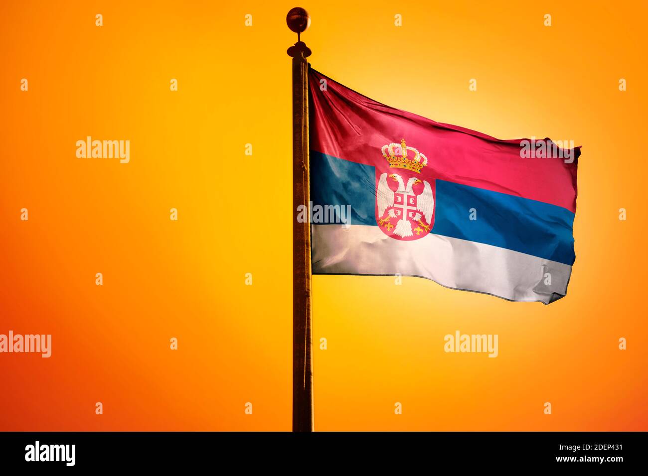 Serbia Flag, Flag waving with Sunrise Stock Photo