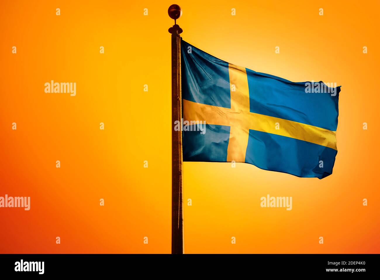 Sweden Flag, Swedish, Kingdom of Sweden, Flag waving with Sunrise Stock Photo