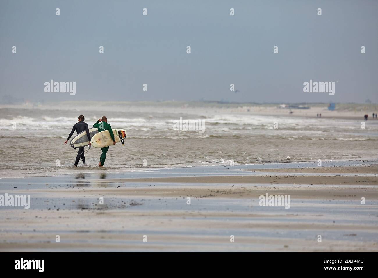 Surfers entering the water in cold windy weather Stock Photo
