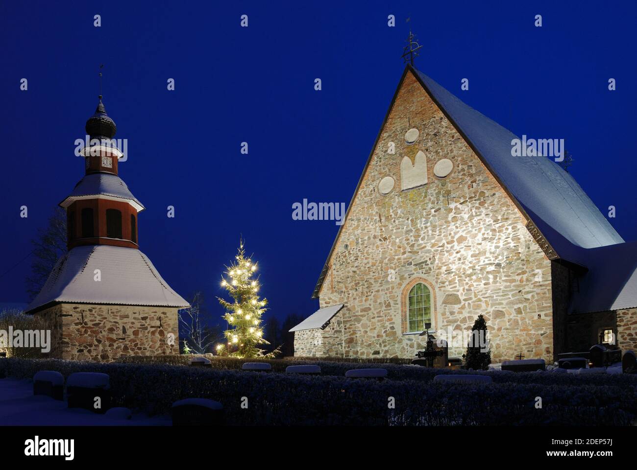 christmas night scenery in Finland in Pernio, church in snow, xmas tree Stock Photo