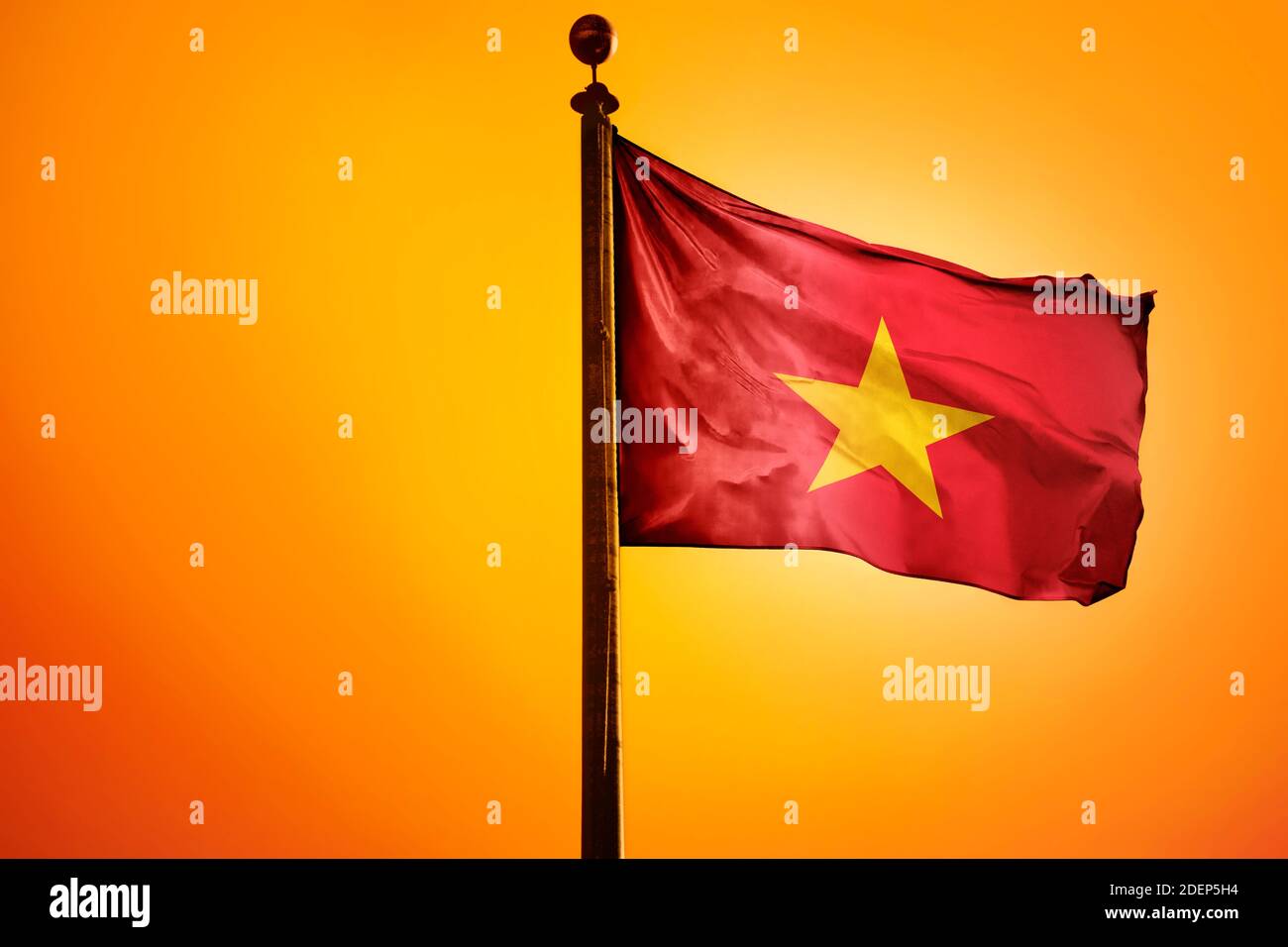 Vietnam, Socialist Republic of Vietnam  Flag, Flag waving with Sunrise Stock Photo