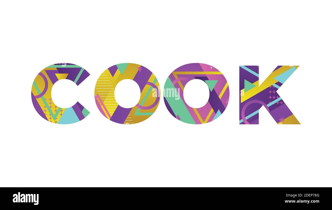 The word COOK concept written in colorful retro shapes and colors ...