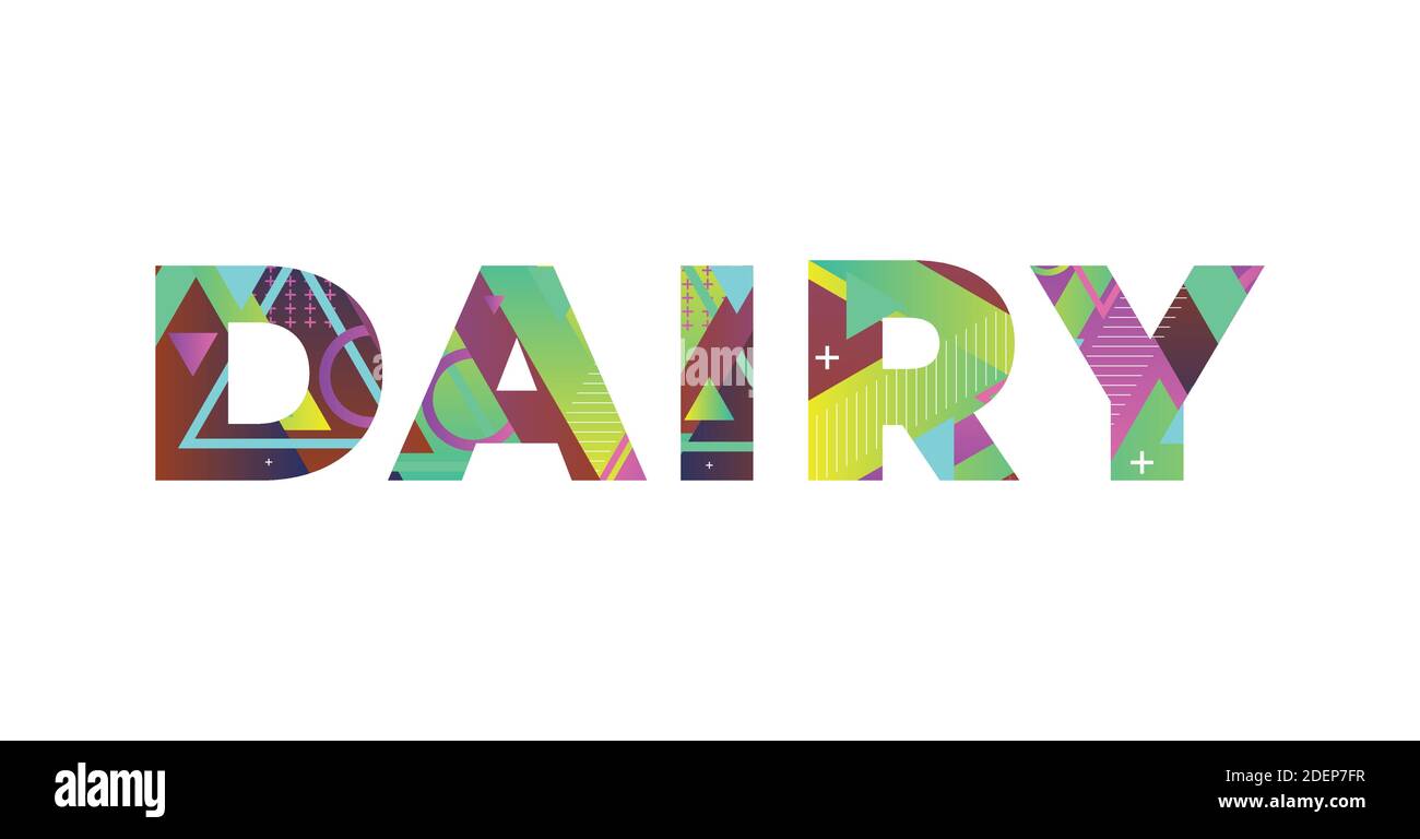 The word DAIRY concept written in colorful retro shapes and colors