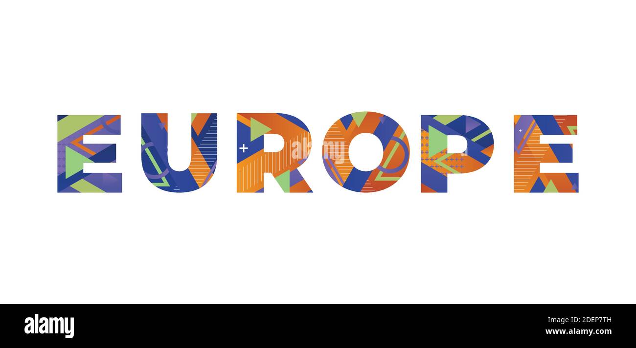The word EUROPE concept written in colorful retro shapes and colors