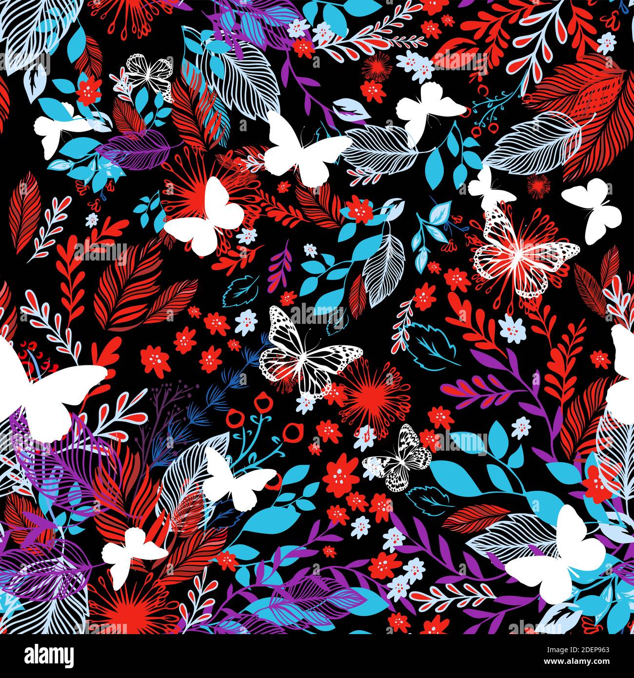 A seamless background with red and blue flowers and leaves. Vector ...