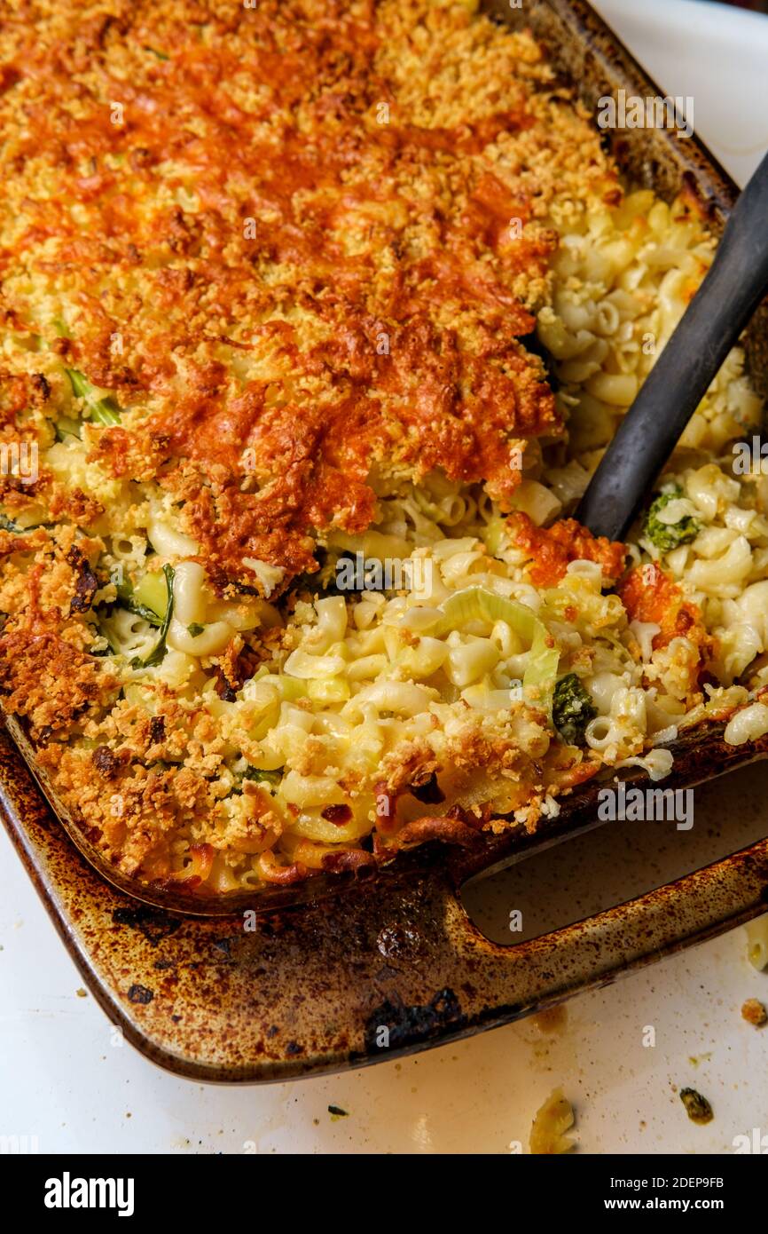 Broccoli rabe and leek mac and cheese in large casserole dish Stock ...