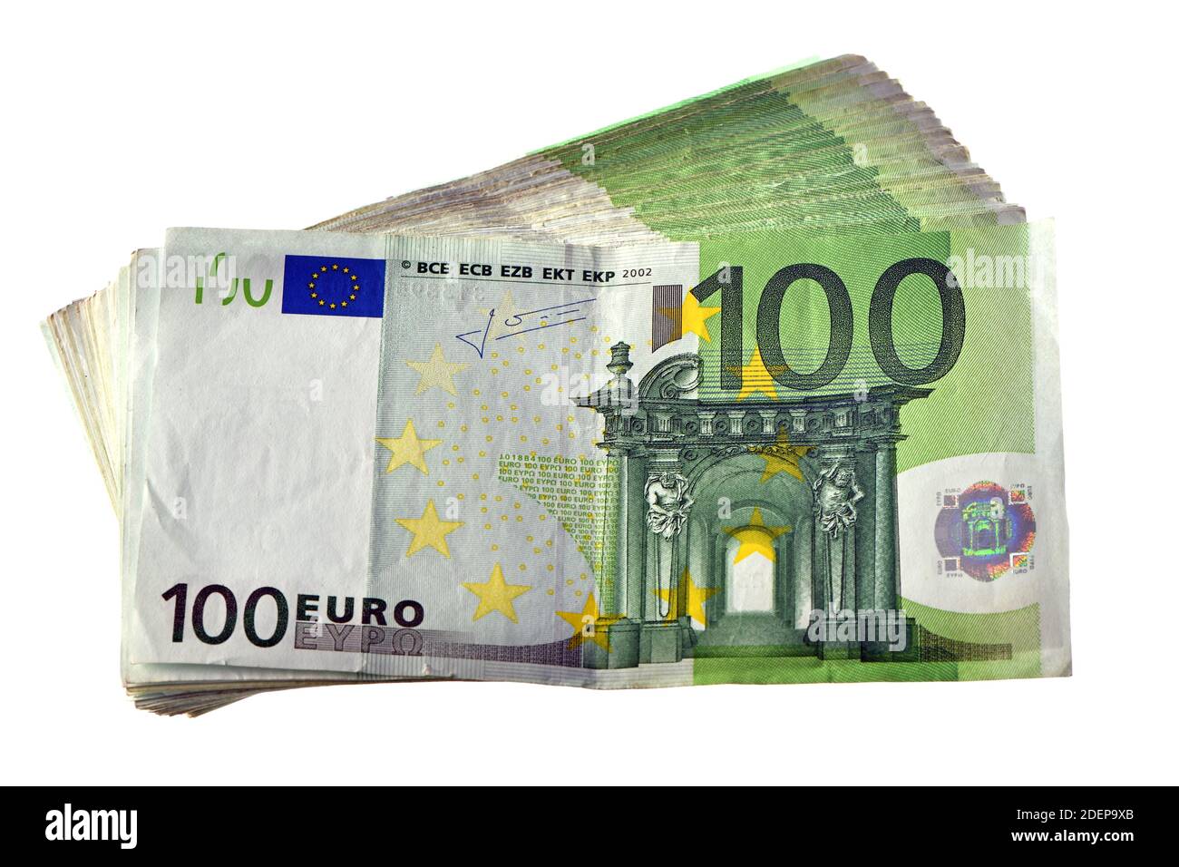 a pile of 10,000 euros -1000 € - in one hundred 100 euro banknotes isolated on white background Stock Photo